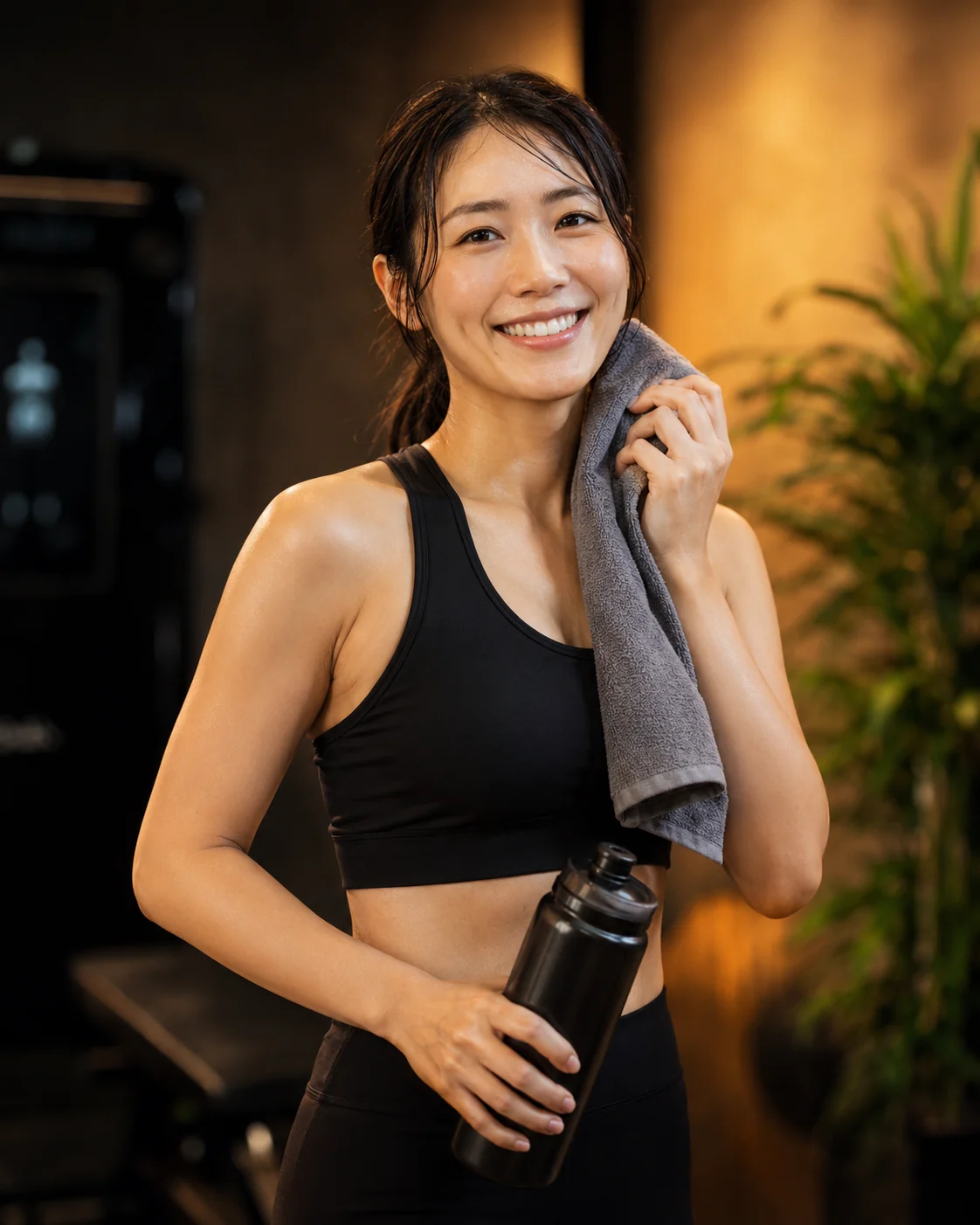 タオルとボトルを持つ女性